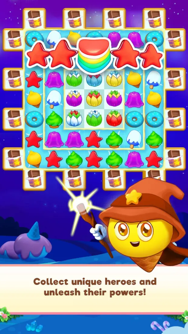 Ecrã de jogo de Candy Riddles com tabuleiro de rebuçados e uma personagem em baixo