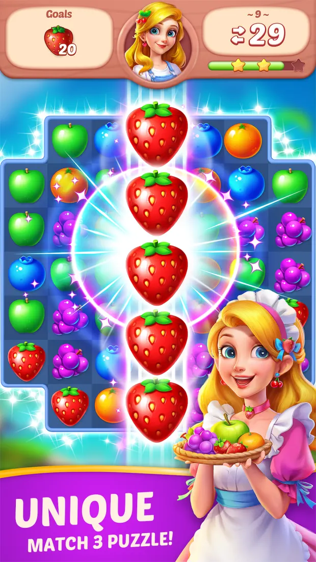 Tabuleiro de Fruit Diary com morangos alinhados e a personagem Jenny ao lado