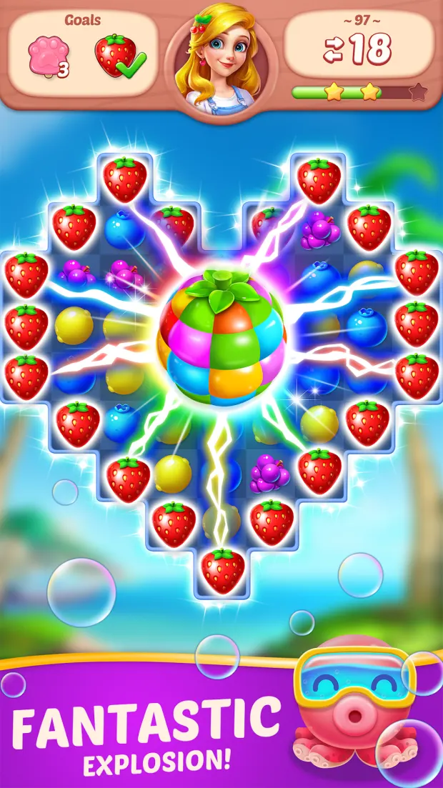 Combinação de frutos em Fruit Diary a limpar várias linhas do tabuleiro