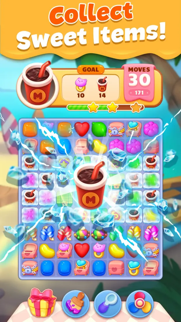 Tabuleiro de Pet Candy Puzzle com rebuçados coloridos e objetivos no topo