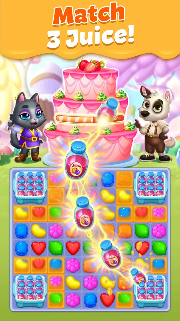 Nível de Pet Candy Puzzle com bolo ao centro e dois animais